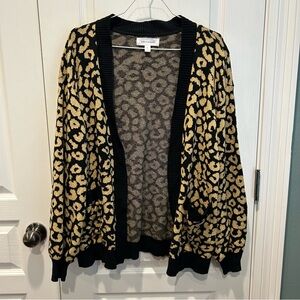 POPSUGAR Women’s Black & Gold Leopard Print Open Front Cardigan With Pockets EUC